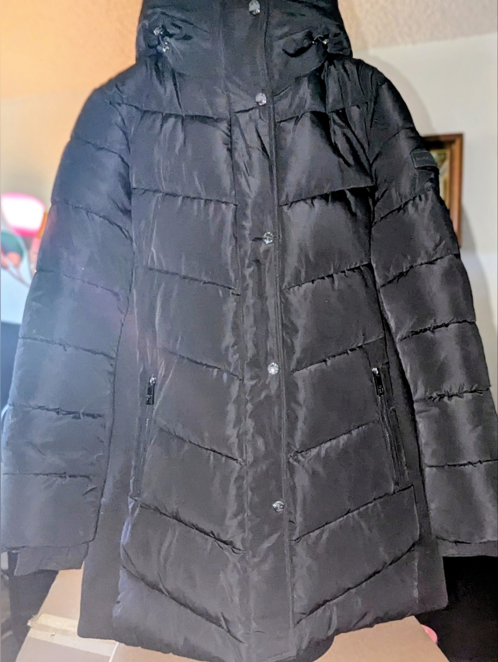 Andrew Marc Black Insulated Chevron Puffer Coat with Hood